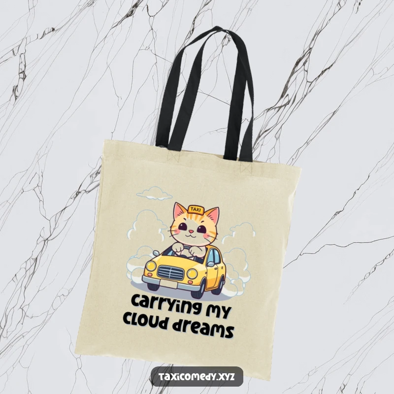 Funny tote bag with a cat steering a taxi down a road made of clouds, a humorous and whimsical accessory for daily use.