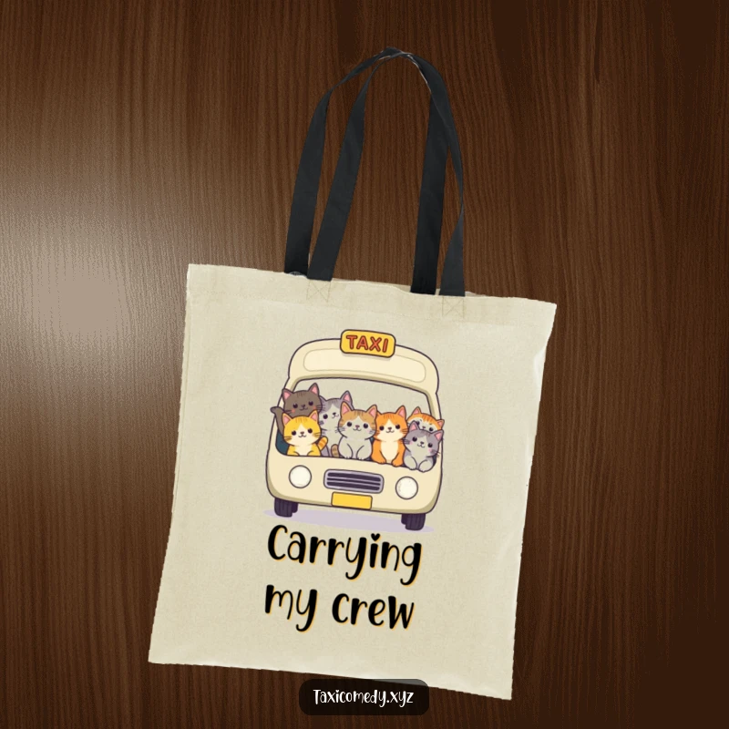 Funny cat taxi tote bag depicting a cheerful group of cats packed into a taxi, designed for carrying goods with feline humor.