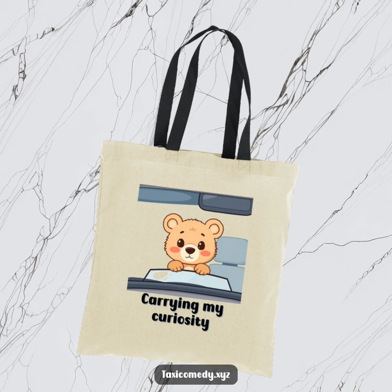 Funny bear cub taxi tote bag, durable bag with a curious bear cub looking through a car window, humorous.