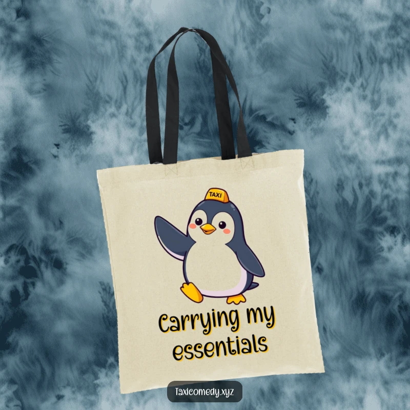 Funny tote bag with a cheerful penguin raising its wing to hail a taxi, perfect for carrying groceries or a sense of humor.