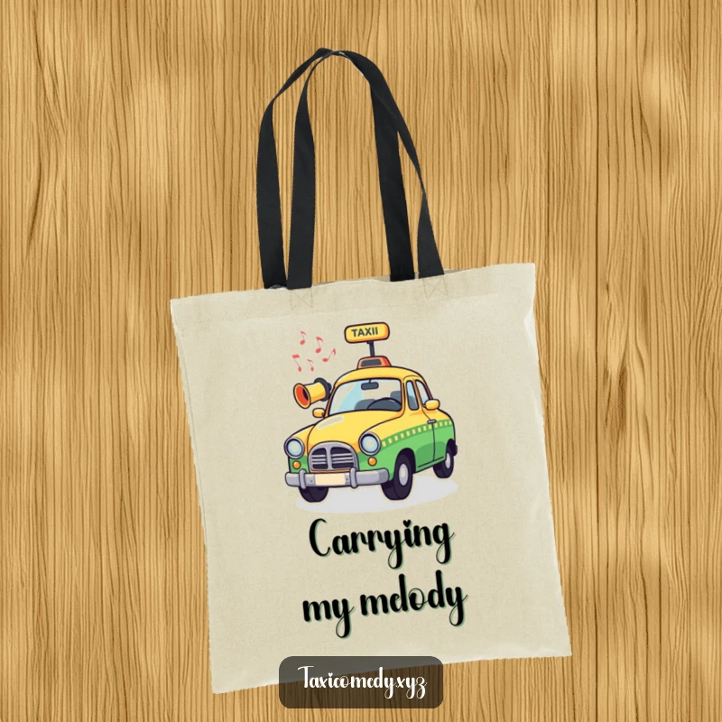 Funny Musical Taxi Tote Bag featuring a whimsical taxi horn emitting musical notes, perfect for carrying essentials with a humorous, musical vibe.