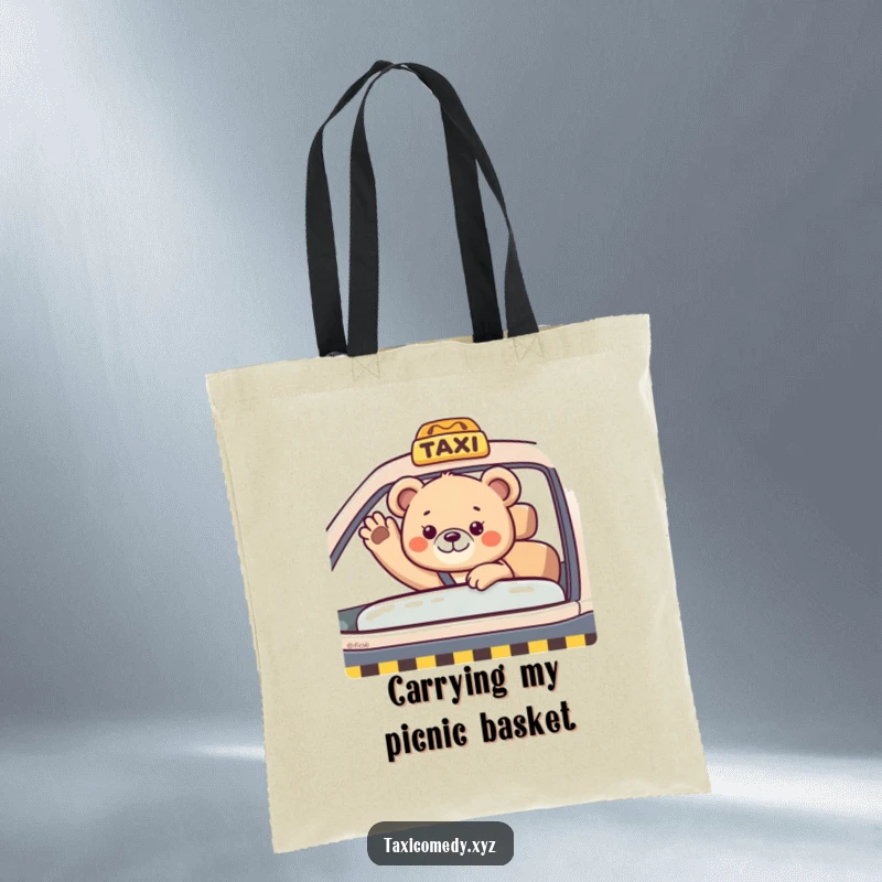 Funny bear cub waving from a taxi's passenger seat. This tote bag is a practical and charming accessory for carrying daily items.
