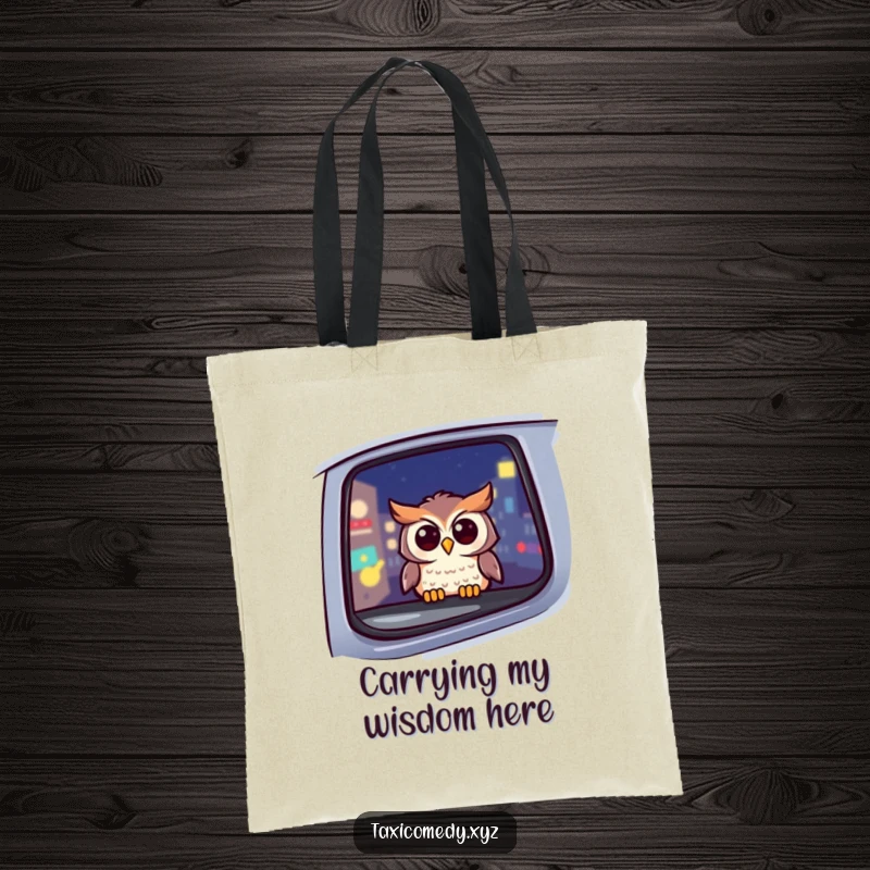 Funny owl tote bag depicting a cheerful owl peeking from a taxi window at night, perfect for carrying daily items with humor.