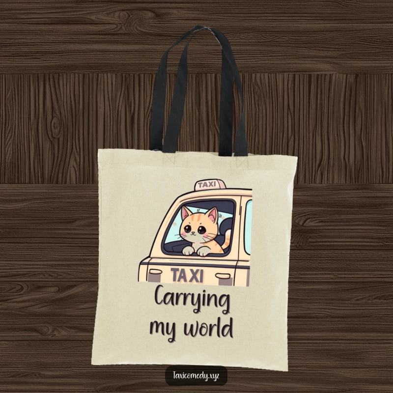 Funny Cat tote bag showcasing a cat passenger with its head out of a taxi window, enjoying the ride with a whimsical design.