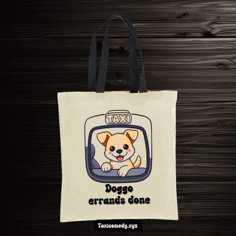 Dog sticking its head out of a taxi window, designed on a durable and humorous tote bag.
