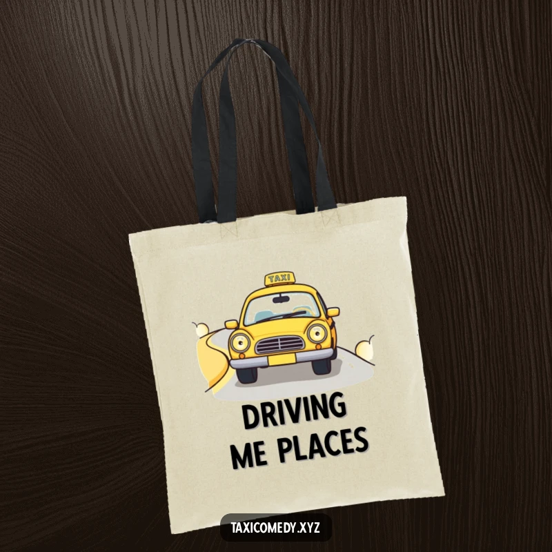 Funny tote bag featuring a cute taxi cab driving down a winding road, ideal for carrying essentials with a cheerful journey twist.
