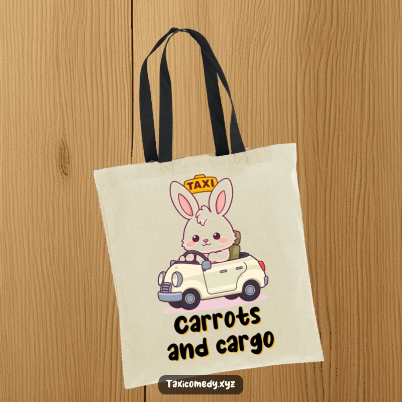 Funny fluffy bunny nodding as taxi driver, stylish nod, practical funny gift tote bag for commuters.