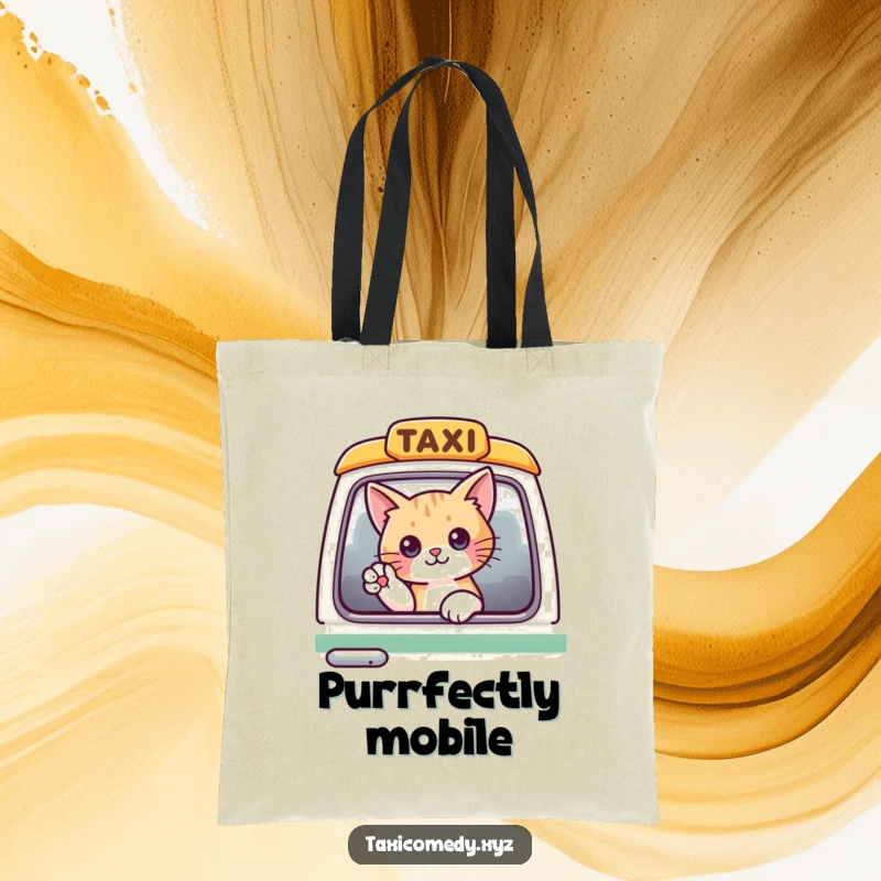 Funny cat peeking from a taxi window, waving hello, on a durable and fashionable tote bag.