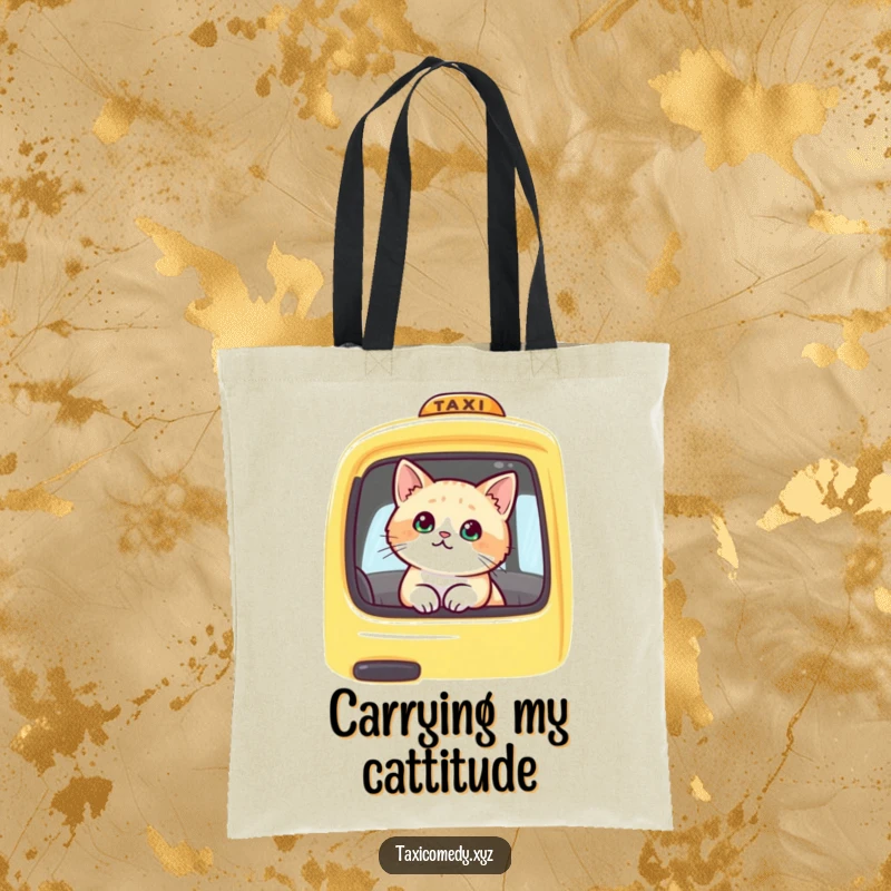 Funny cat looking out the window of a yellow taxi, radiating charm. This tote bag is a functional and funny accessory for daily adventures.