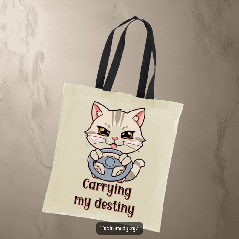 Funny cat tote bag illustrating a determined cat character taking charge with a steering wheel.