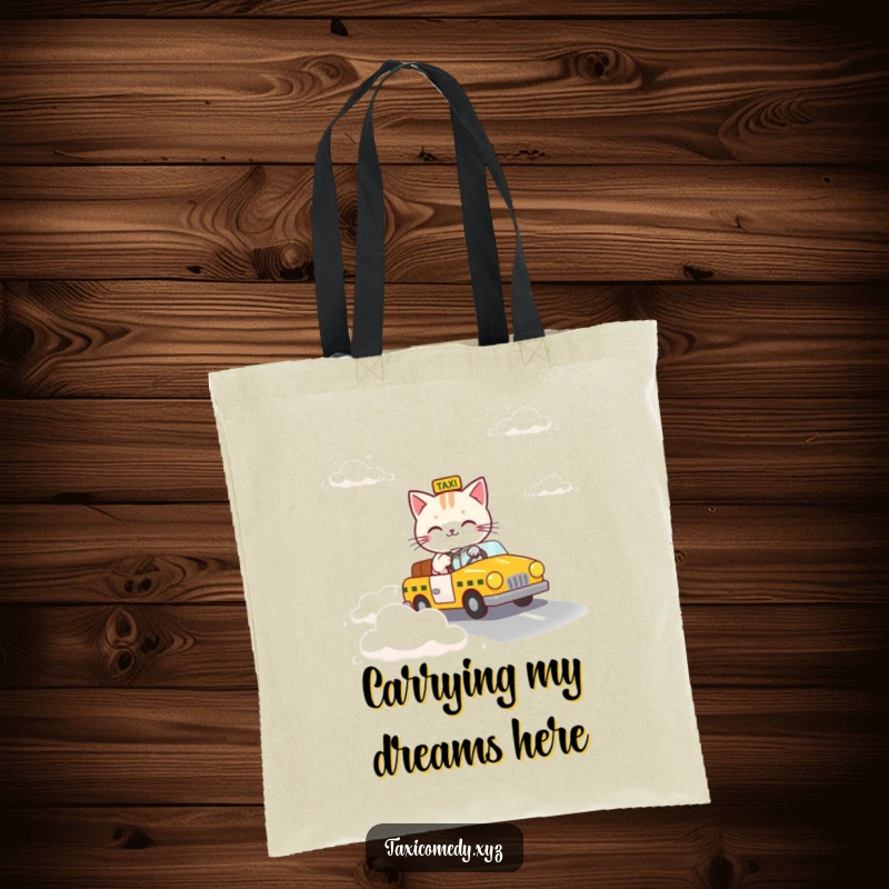 Funny tote bag illustrating a cat steering a taxi as it travels down a fanciful road made of clouds.