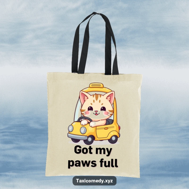 Funny tote bag featuring a cute, smiling cat driving a tiny yellow taxi, perfect for carrying items in style.