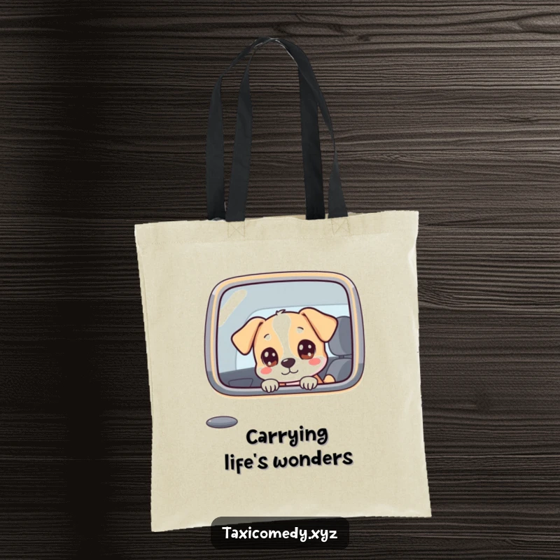 Funny dog character with curious eyes looking out a taxi window, a humorous and practical tote.