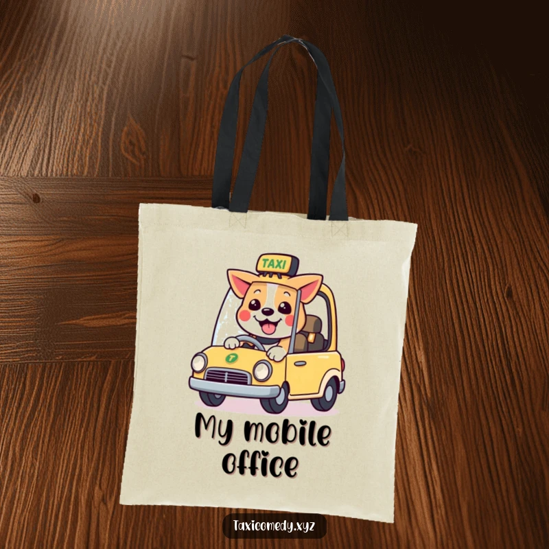 Funny tote bag illustrating a happy dog character smiling while driving a stylized taxi, great for everyday use.