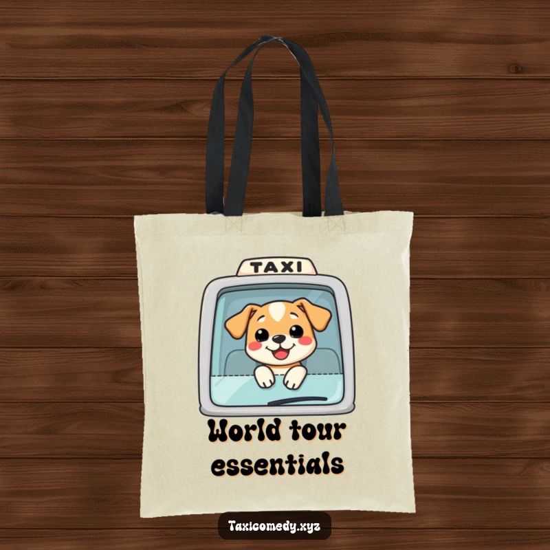 Funny Dog Taxi Tote Bag: A happy dog with its head out the window of a taxi, perfect for stylish and humorous everyday use.