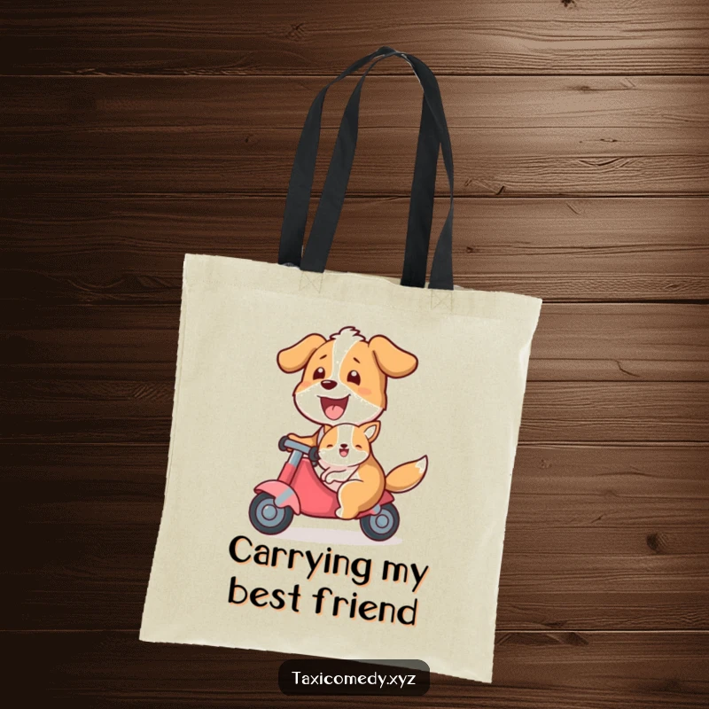 Funny tote bag with a dog happily giving a ride to a smaller animal, perfect for carrying groceries or everyday items with humor.