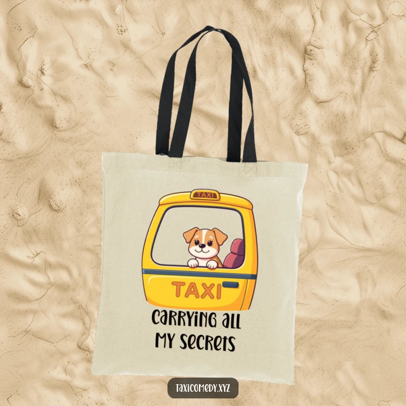 Funny dog taxi tote bag, cute dog's head out taxi window, city streets, durable and humorous everyday carry-all.