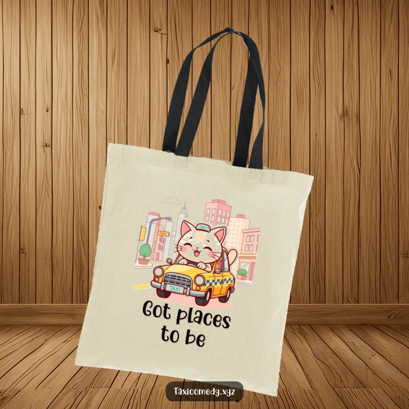 Funny tote bag showcasing a cheerful cat driving a taxi through a vibrant, stylized cityscape.