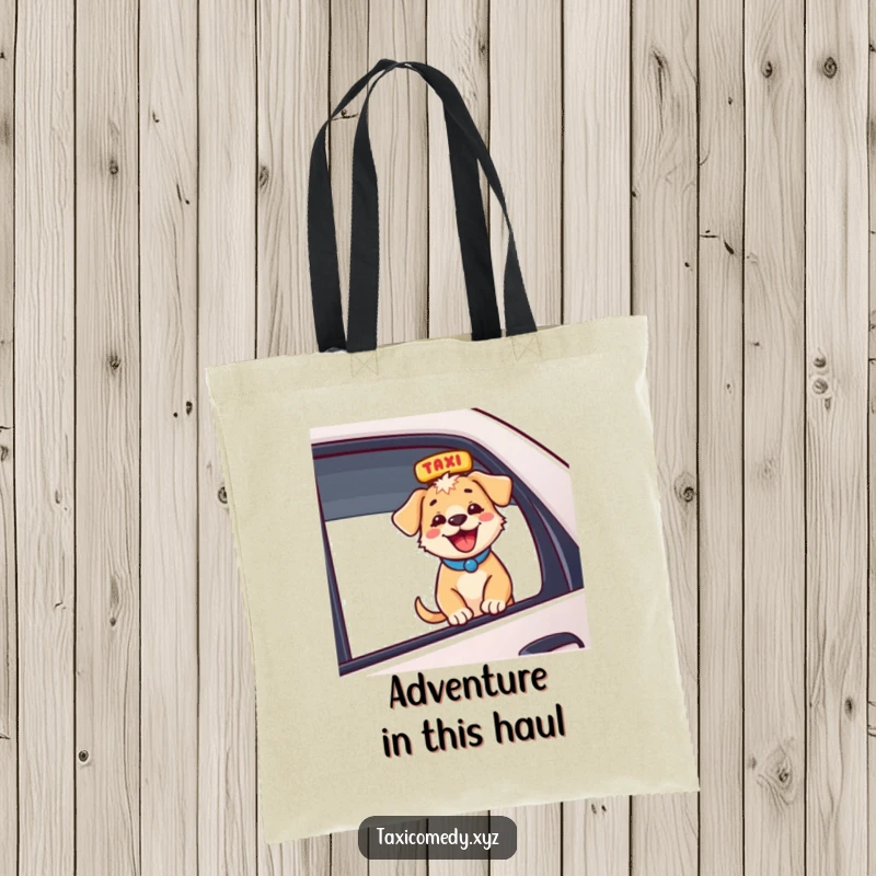 Funny energetic puppy sticking head out of taxi, barking with joy, stylish funny gift tote bag.