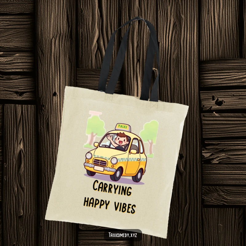 Funny tote bag featuring a taxi cab with an excited driver waving from the window, ideal for carrying essentials with a friendly twist.