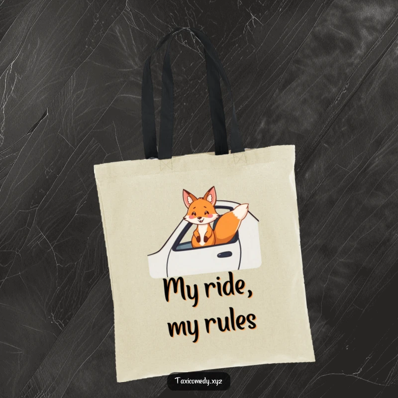 Funny fox tote bag showing a cheerful fox enjoying a fast taxi ride with its head out the window. A fun bag.