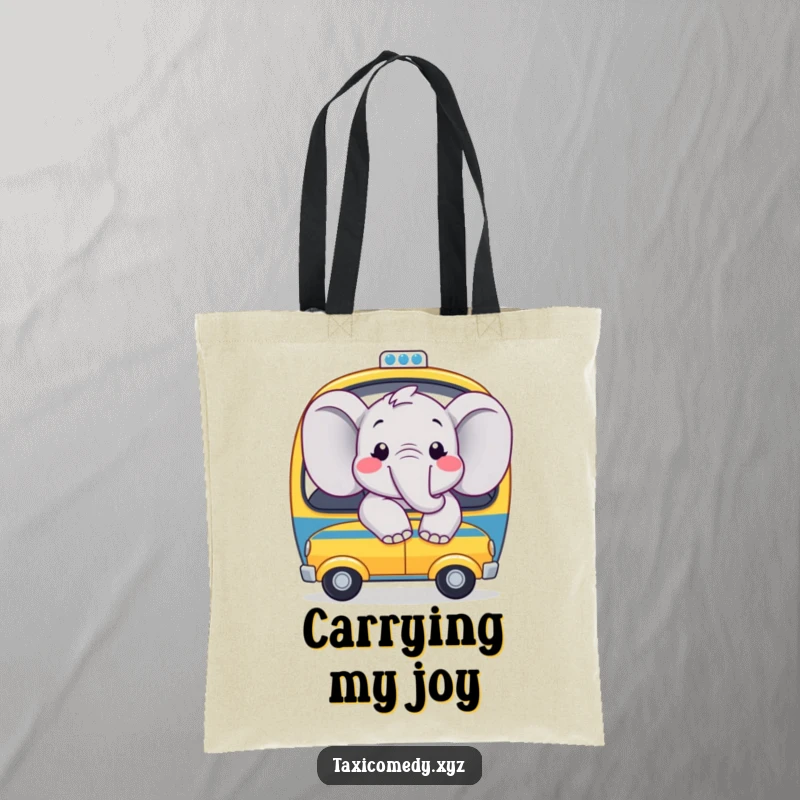 Funny tote bag featuring a joyful elephant with big smiles, looking out the window of a toy taxi, perfect for shopping.
