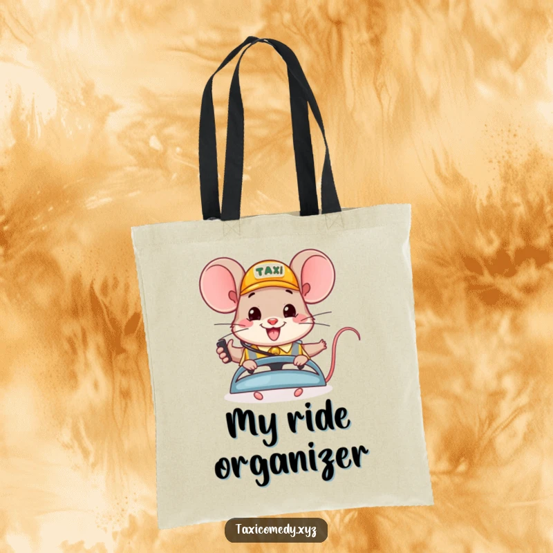 Funny tote bag: a happy mouse character cheerfully dispatches taxis, a humorous and practical accessory for daily commutes.