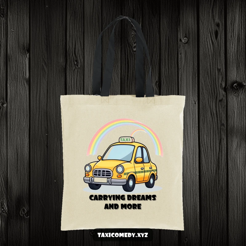 Funny Magical Taxi Tote Bag featuring a taxi cab beneath a vibrant rainbow arch, perfect for carrying essentials with whimsical humor.