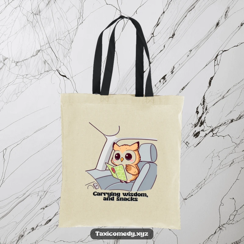 Funny Owl Navigator Tote Bag: A curious owl looking at a map in the passenger seat, designed for stylish and humorous everyday use.