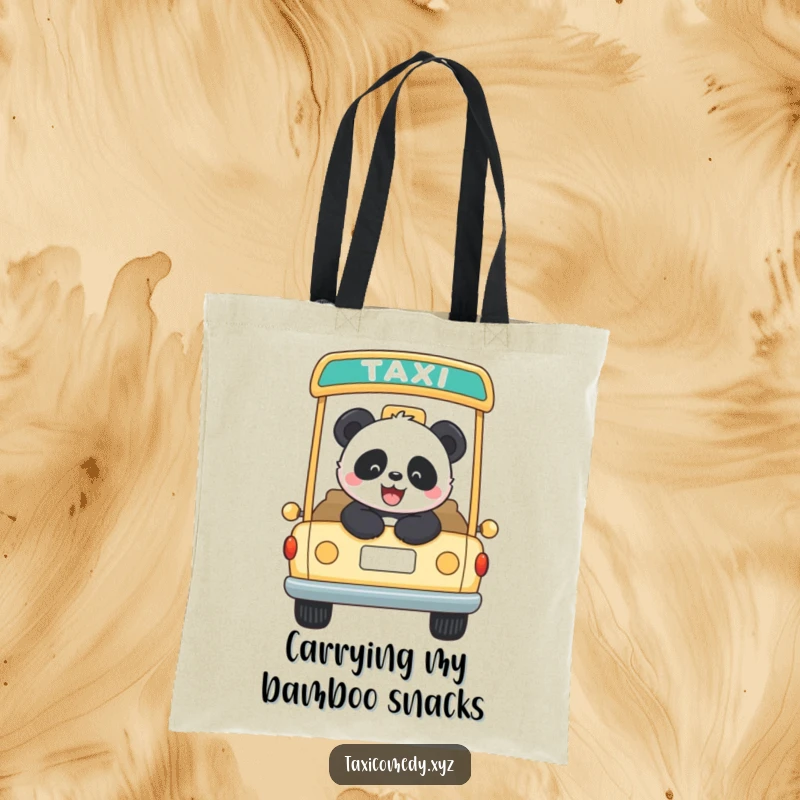 Funny panda joyfully riding in the back of an open-top taxi. This tote bag is a practical and humorous accessory for everyday use.
