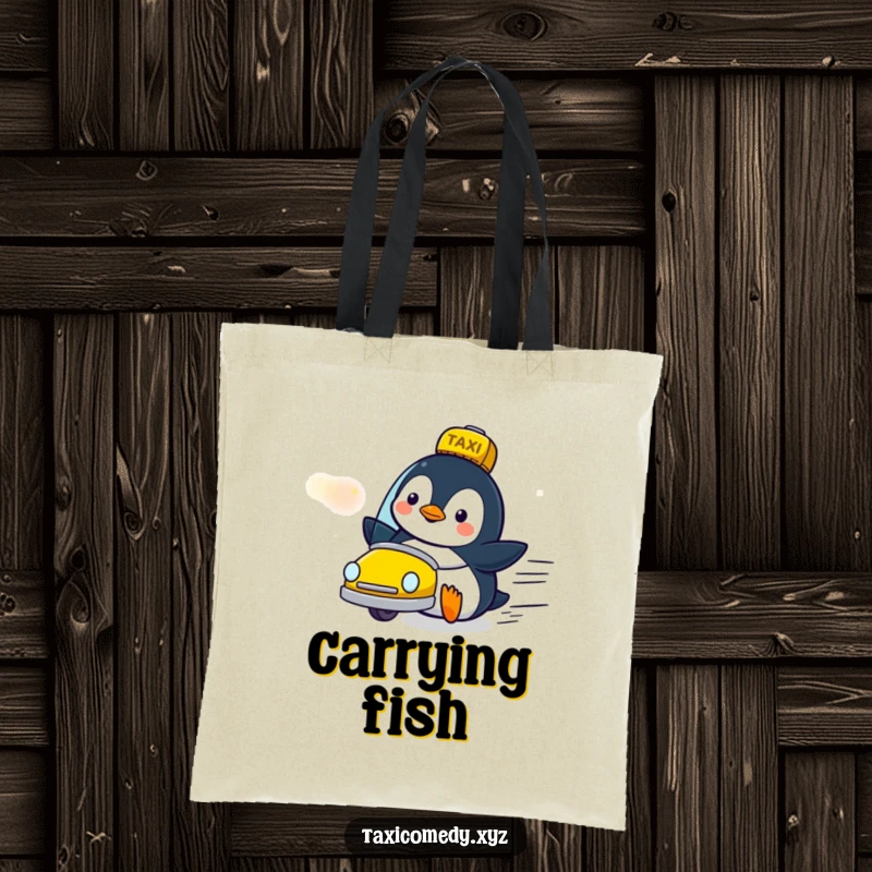Funny penguin character tote bag looking delighted as a taxi zooms by, perfect for carrying essentials with personality.