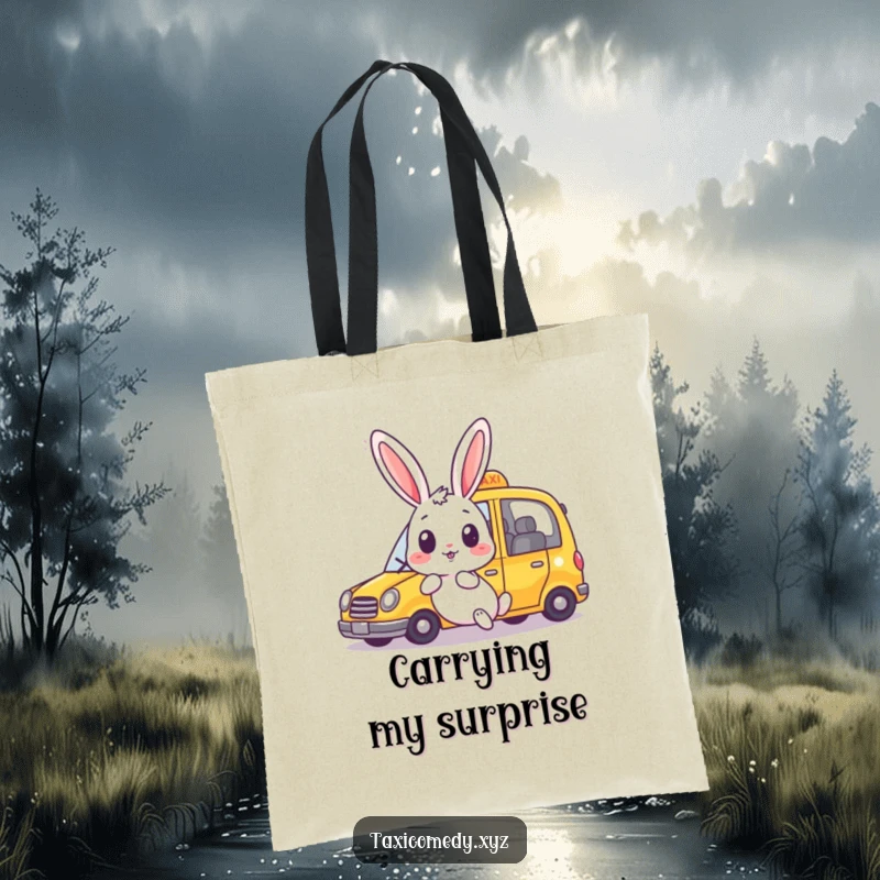 Funny rabbit tote bag showing a surprised bunny as a taxi speeds past happily. A humorous bag for everyday use.