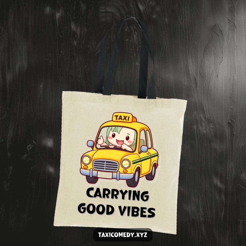 Funny Taxi Driver Tote Bag featuring a cheerful taxi driver offering a thumbs-up, perfect for carrying essentials with a humorous, friendly vibe.