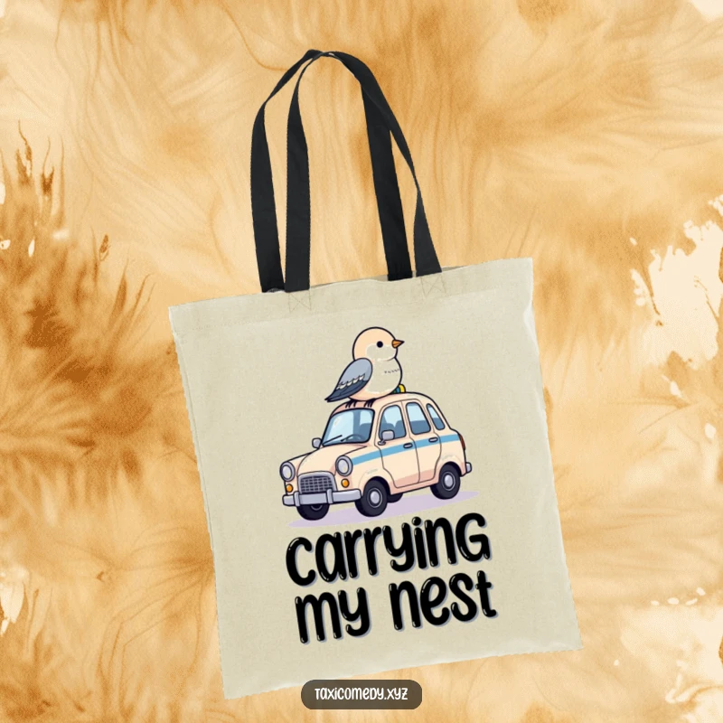 Funny tote bag with a small bird perched on the roof of a tiny taxi, great for carrying items.