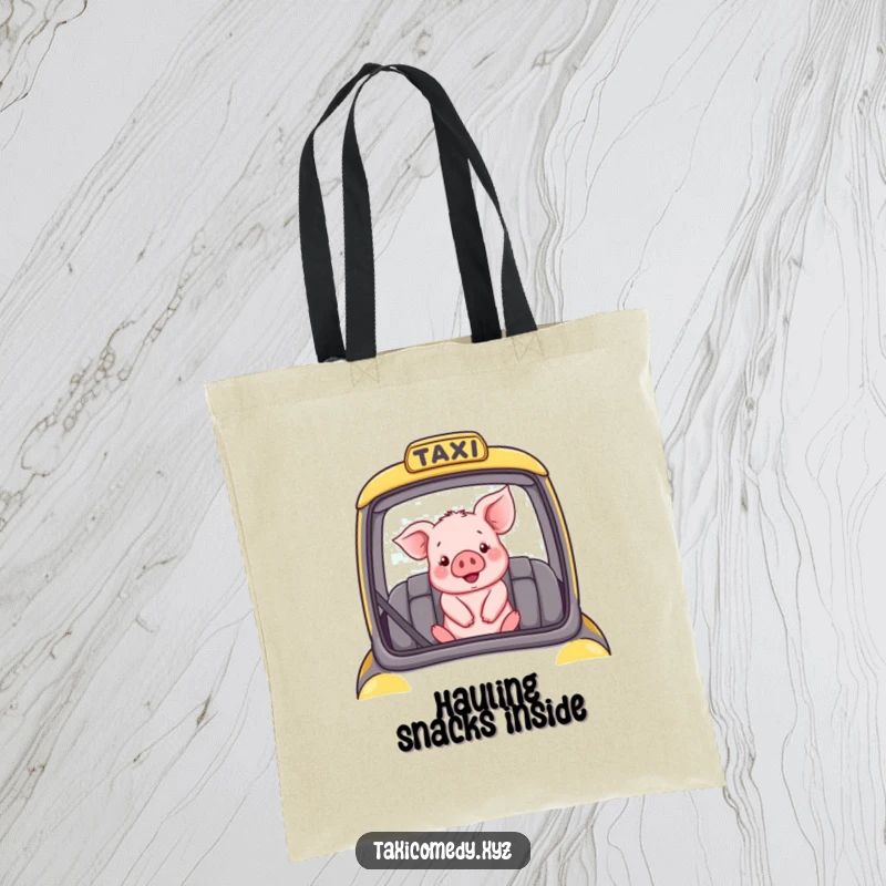 Funny tote bag with a happy piglet in the passenger seat of a taxi, great for carrying items.