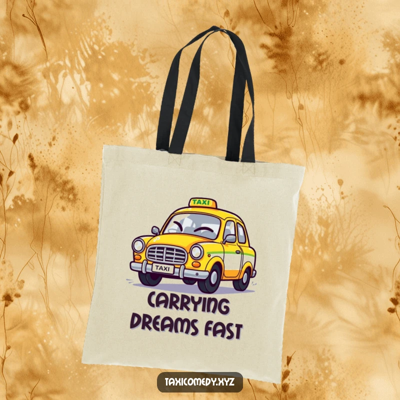 Funny tote bag depicting a stylized taxi winking as it speeds off, ideal for carrying items with a humorous and energetic flair.