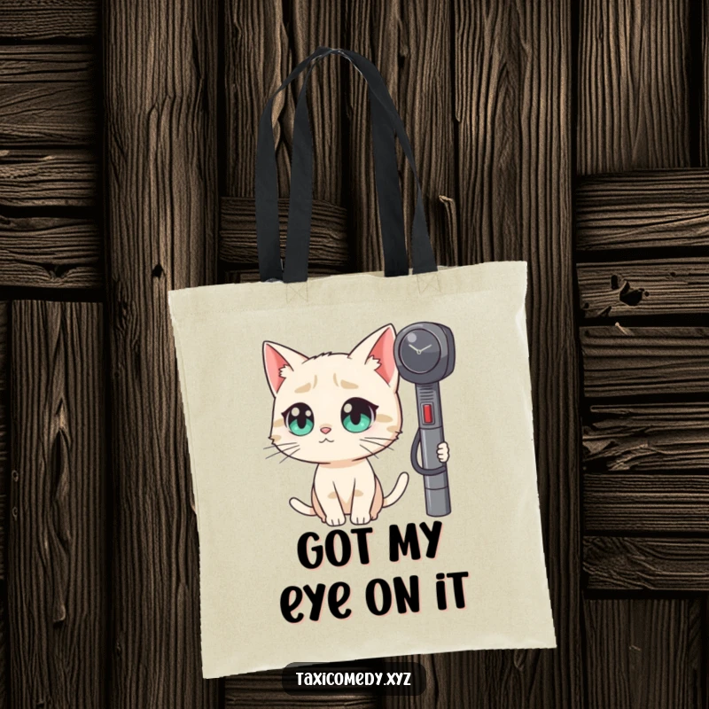 Funny tote bag showcasing a cat with massive eyes observing a taxi meter with humorous curiosity.