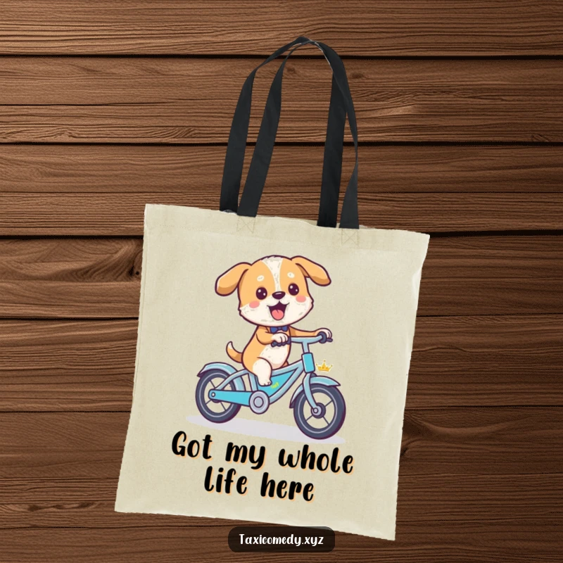 Funny dog on a bicycle taxi, a charming and humorous tote bag for daily use.