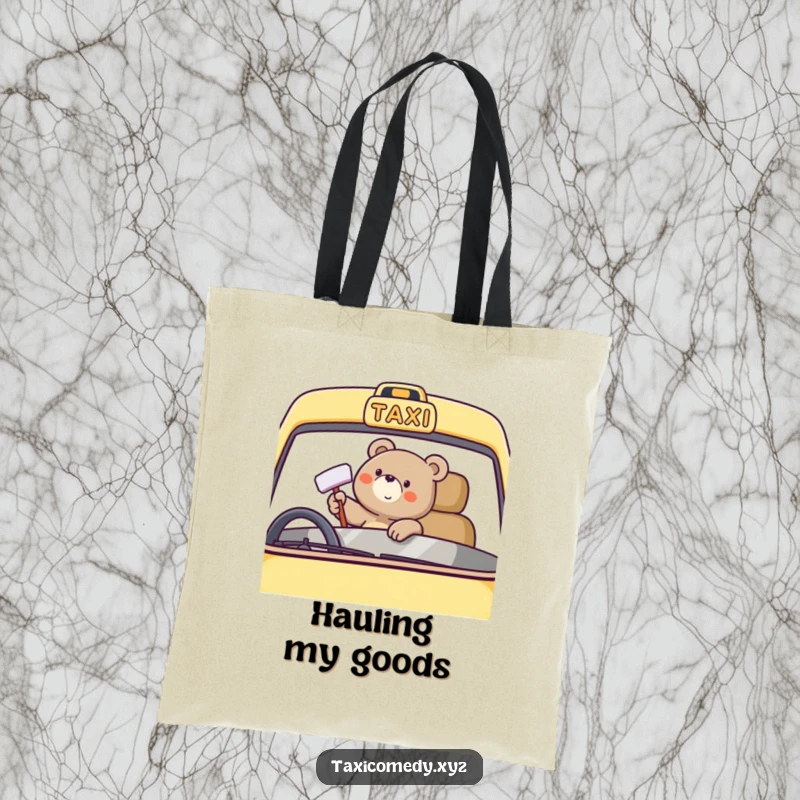 Funny bear character happily polishing a taxi windshield on a durable tote bag, perfect for carrying essentials.
