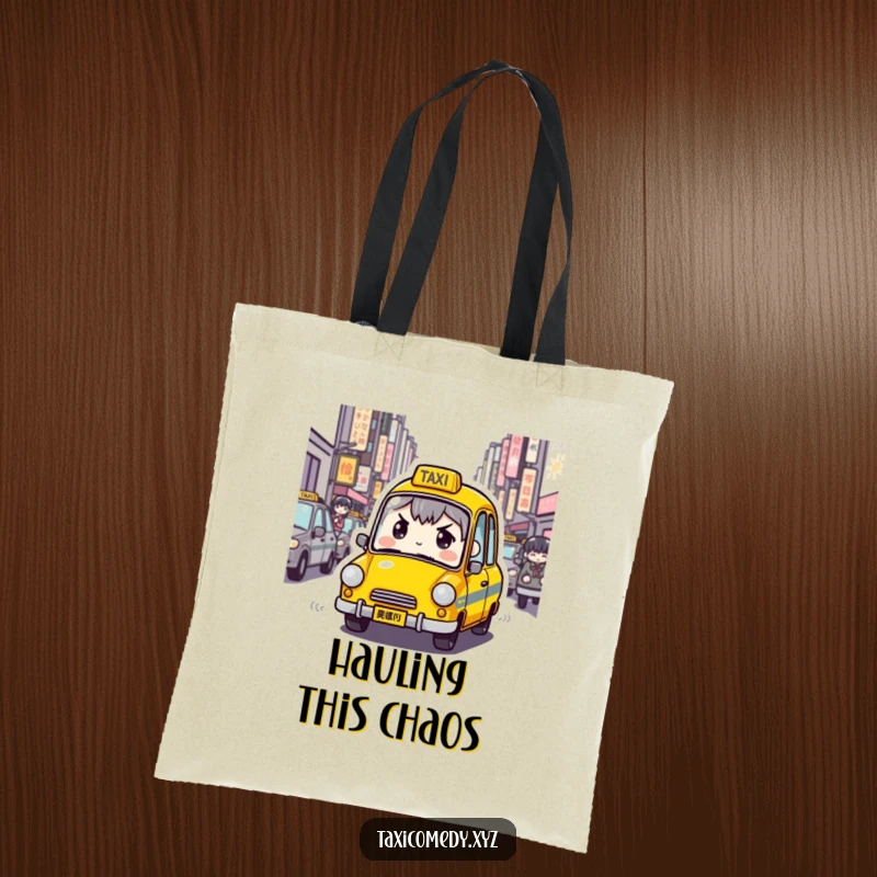 Funny Determined Taxi Tote Bag featuring a taxi character with a determined expression navigating crowded city streets, perfect for carrying essentials with urban humor.