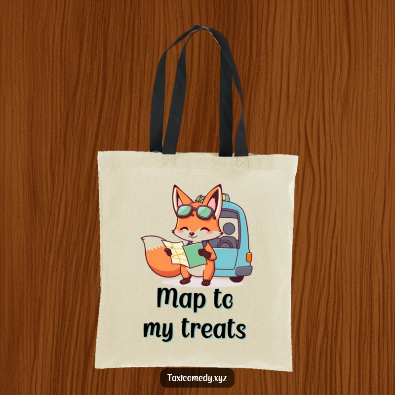 Funny tote bag designed with a fox holding a map and giving directions to a taxi driver, ideal for carrying daily items with a humorous, intelligent flair.
