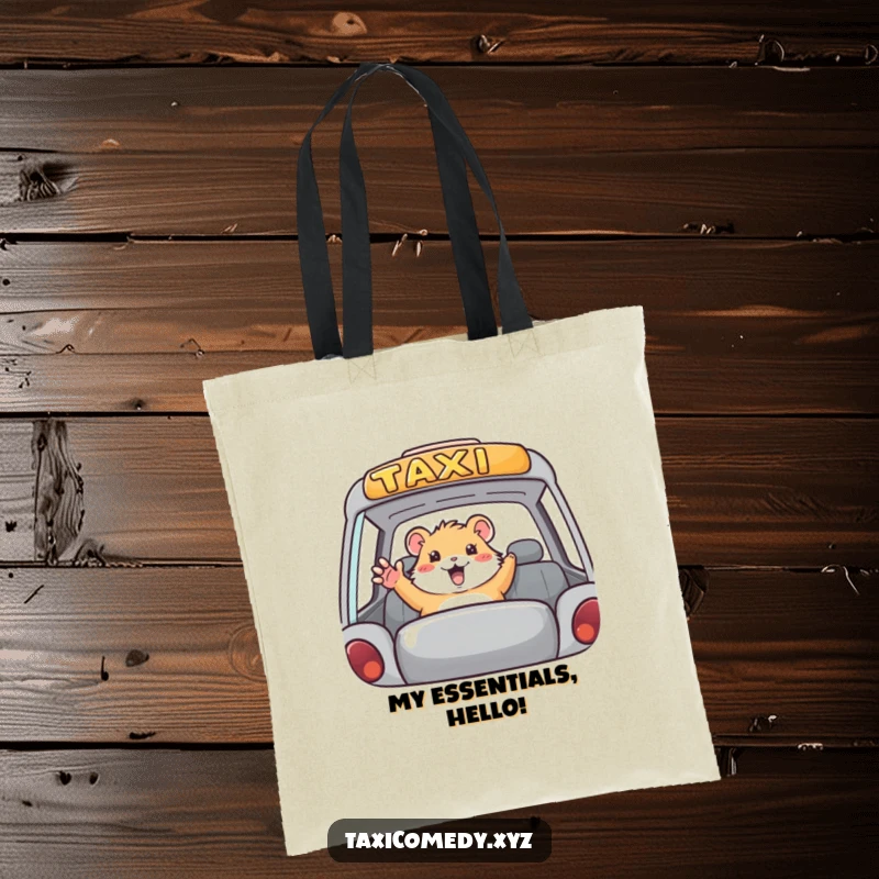 Funny hamster taxi tote bag, durable bag with a waving hamster in a car, perfect for carrying essentials humorously.