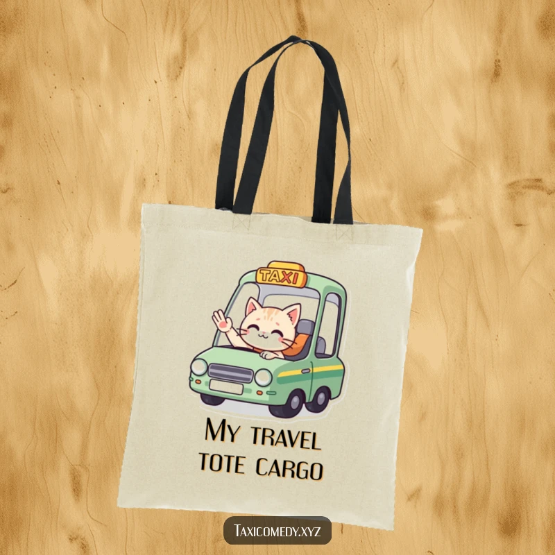 Funny tote bag: a cat driver in a taxi waves goodbye, a humorous and practical accessory for travel and daily use.
