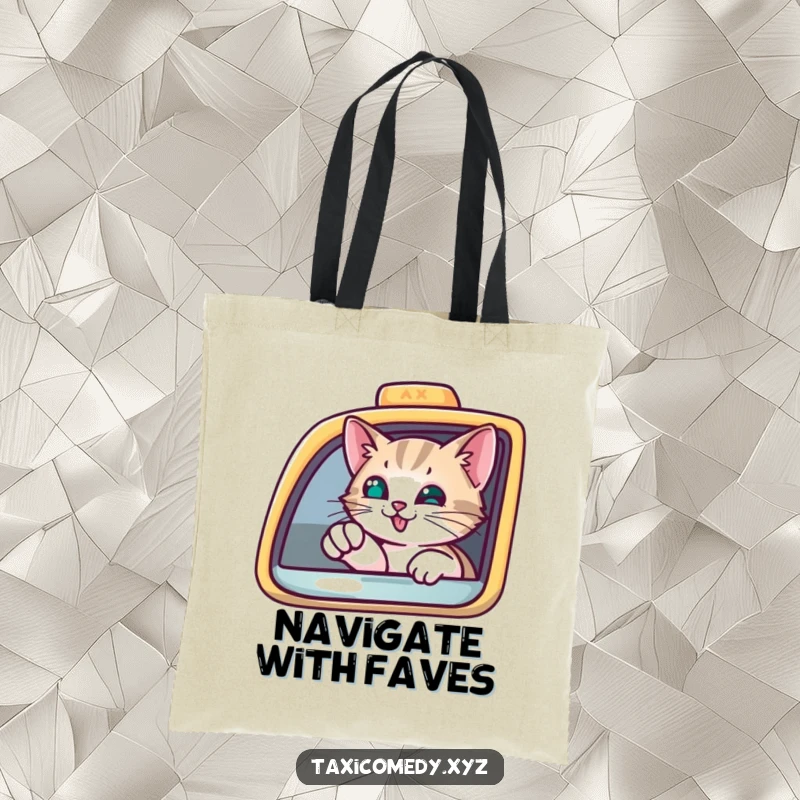 Funny Tote Bag featuring a curious cat peering from a taxi window, pointing with a paw, a stylishly humorous carry-all.