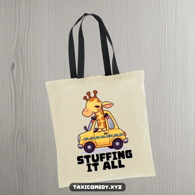 Funny giraffe character humorously attempting to fit into a small taxi, a humorous and spacious tote.